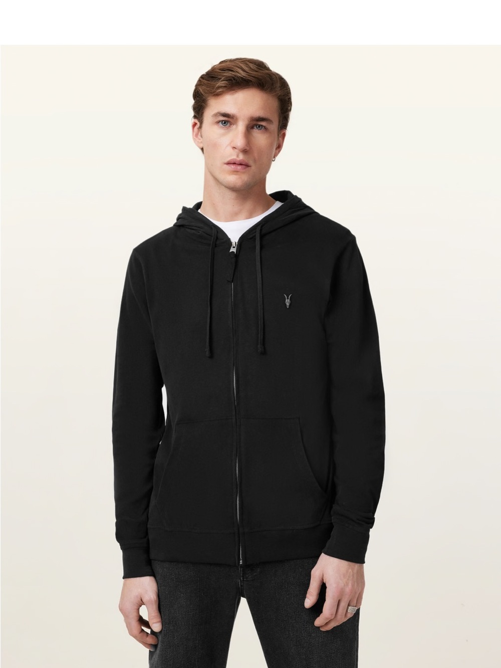 AllSaints ZIP UP RAMSKULL HOODIE grunge goth minimalist XS